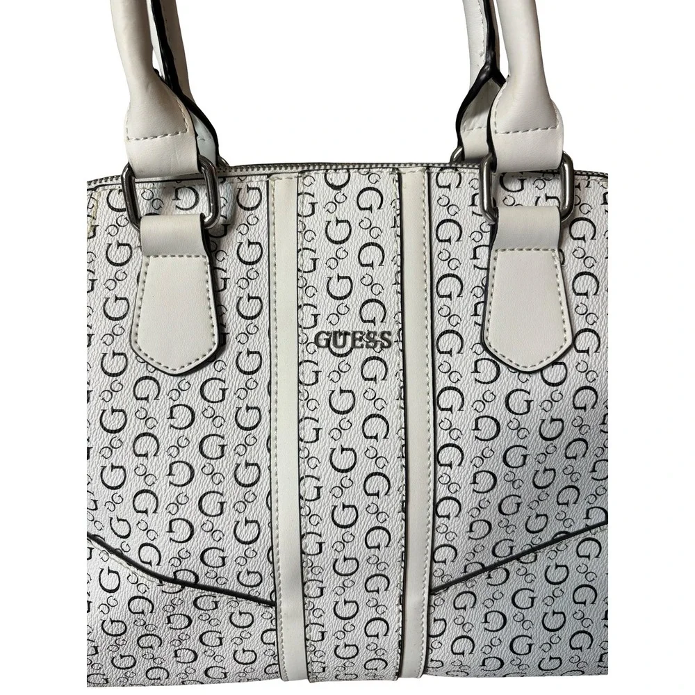 Guess Signature G Logo Satchel Handbag White Black Faux Leather Medium Purse